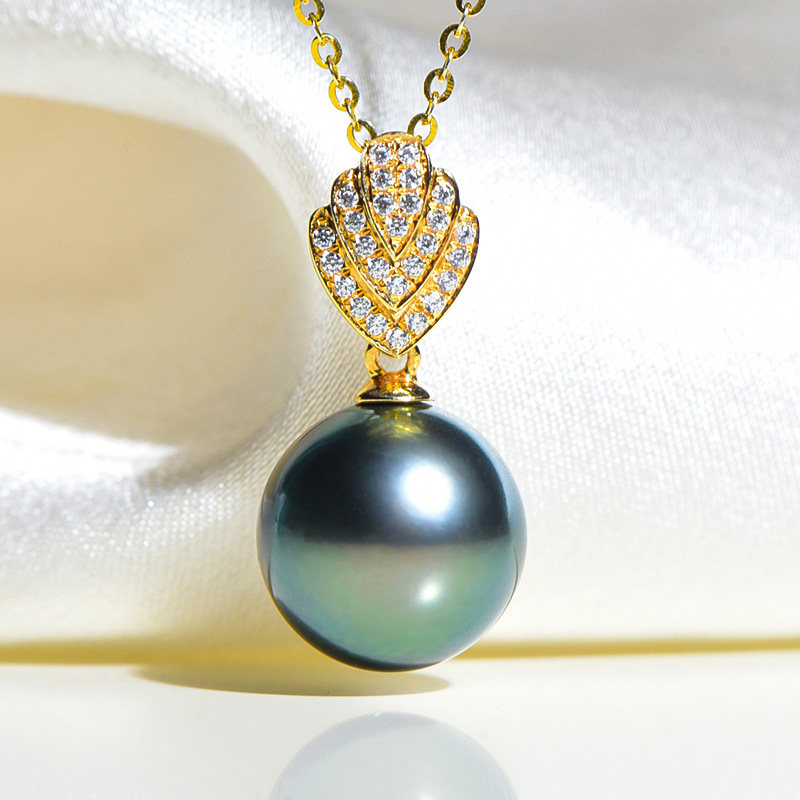 鑫润18k金孔雀绿816mm大溪地黑珍珠吊坠项链海水单颗送妈妈正圆