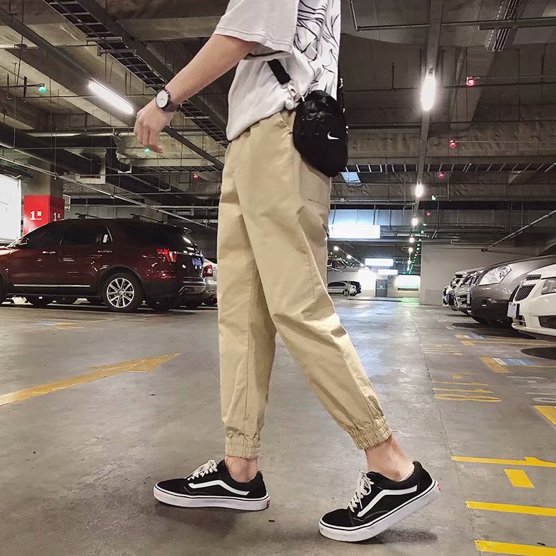 港仔男米黄色裤子阔腿束脚九分裤工作装裤秋裤学生文艺复古休闲裤