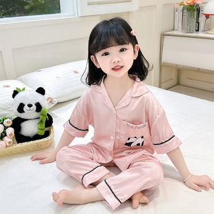 女童夏季冰丝网红超薄家居服睡衣3儿童七分袖1-6岁熊猫开衫空调服