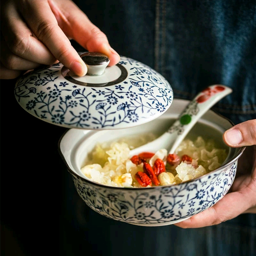 日式5.5英寸花边盖碗 家用陶瓷宝宝蒸蛋碗汤碗 带盖炖盅甜品小碗
