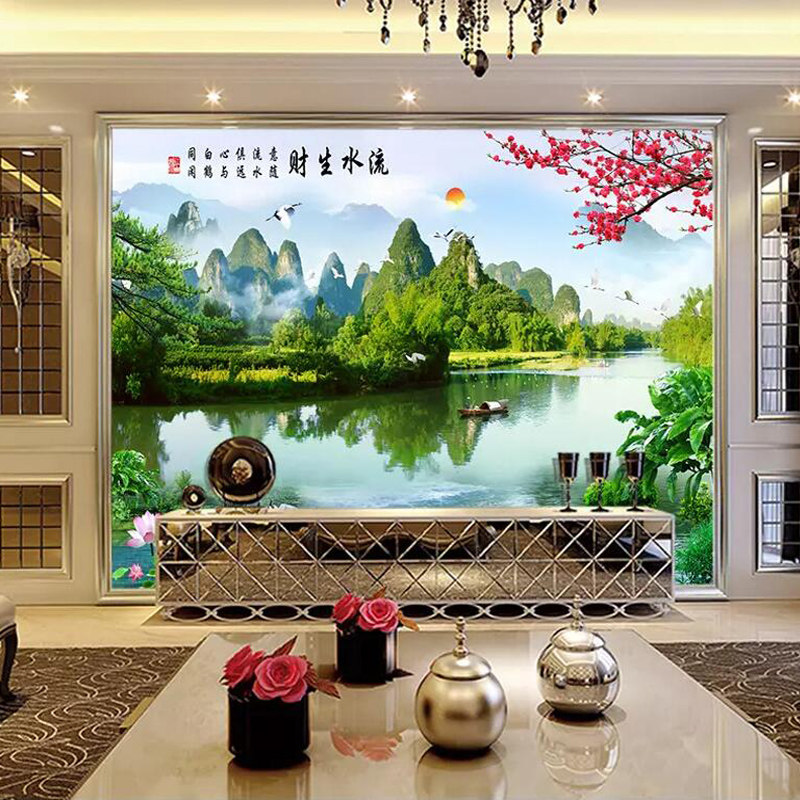 热销电视背景墙壁纸5d立体山水画