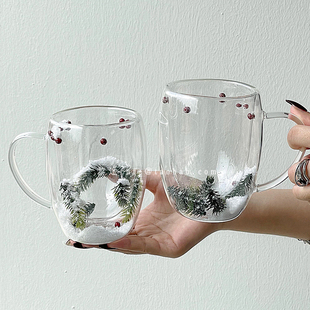 创意设计感双层防烫玻璃牛奶果汁杯鹅蛋形圣诞雪花咖啡杯饮品杯