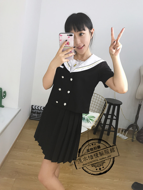 清仓原创JK制服短袖学院风设计款水手服夏服套装黑身二本线纽扣款