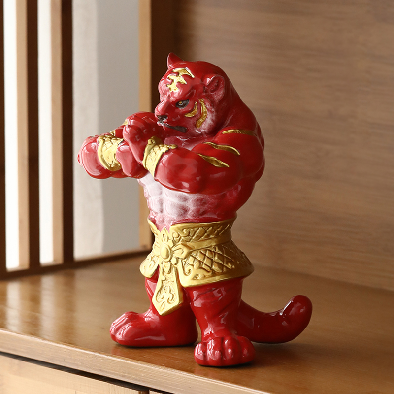 中式创意红色寅虎陶瓷动物摆件祝福送礼长辈开业办公桌面酒柜装饰