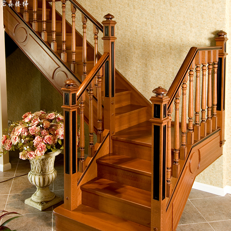定制中式花格整体实木楼梯木扶手立柱栏杆别墅跃层复式阁楼踏步板