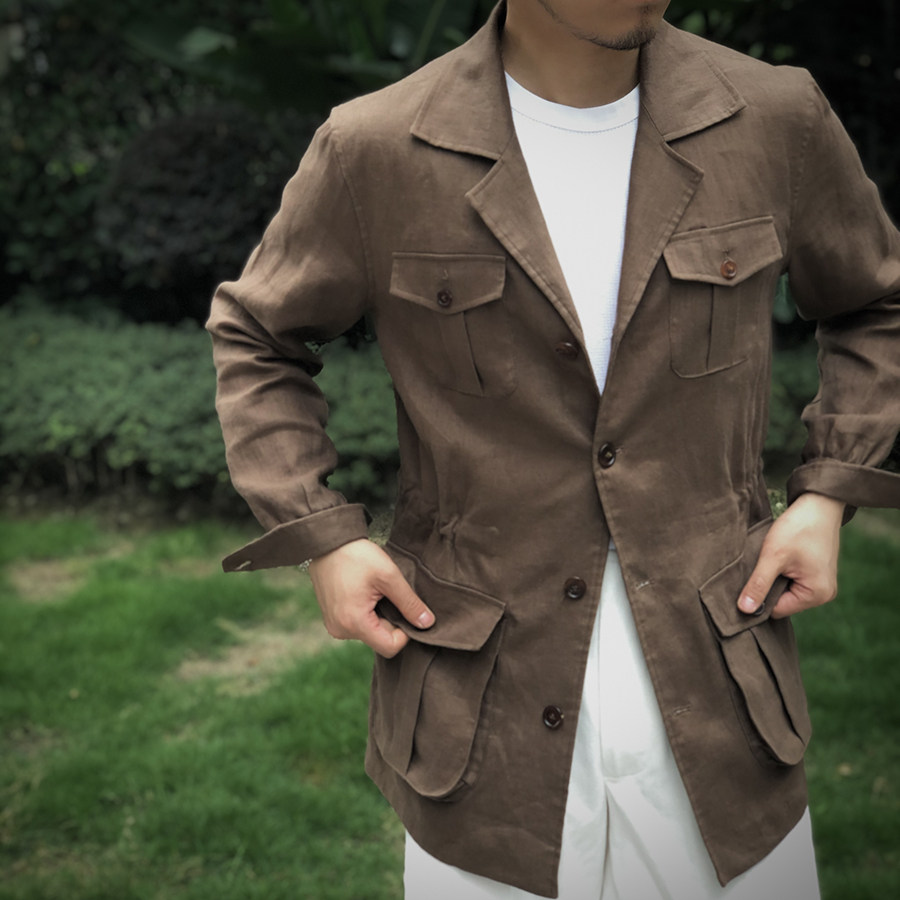 thekiller男游猎无结构夹克safari棕色男士抗皱亚麻猎装拿波里袖
