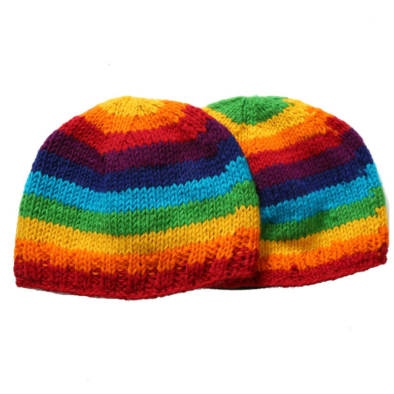 彩虹圆顶帽子女冬尼泊尔加厚保暖双层抓绒复古羊毛线帽彩色针织帽
