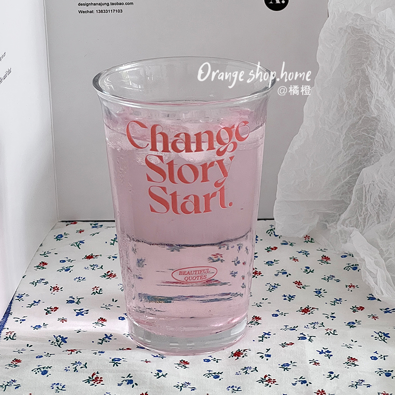 橘橙 粉色字母印花玻璃杯韩式ins风家用牛奶杯办公室喝水饮料杯子