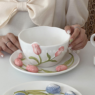 ins风网红餐具浮雕郁金香陶瓷碗盘子家用碗碟套装汤碗水果沙拉碗