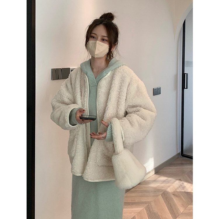 左公斤右千克 韩系羊羔绒无领外套女冬季小个子短款毛茸茸米白色