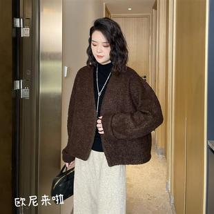 欧尼家圈圈羊毛开衫女023秋冬小香风宽松德色系羊羔毛颗粒绒外套