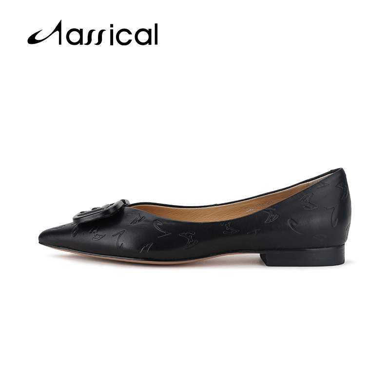 卡斯高女鞋女鞋春季尖头高跟鞋真丝皮浅口蝴蝶结百搭单鞋