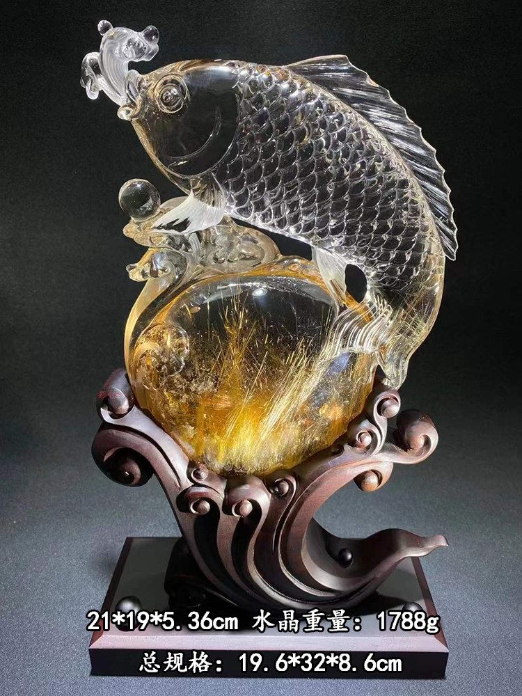 天然白水晶钛晶雕刻鱼摆件摆设年年有鱼余鲤鱼跃龙门