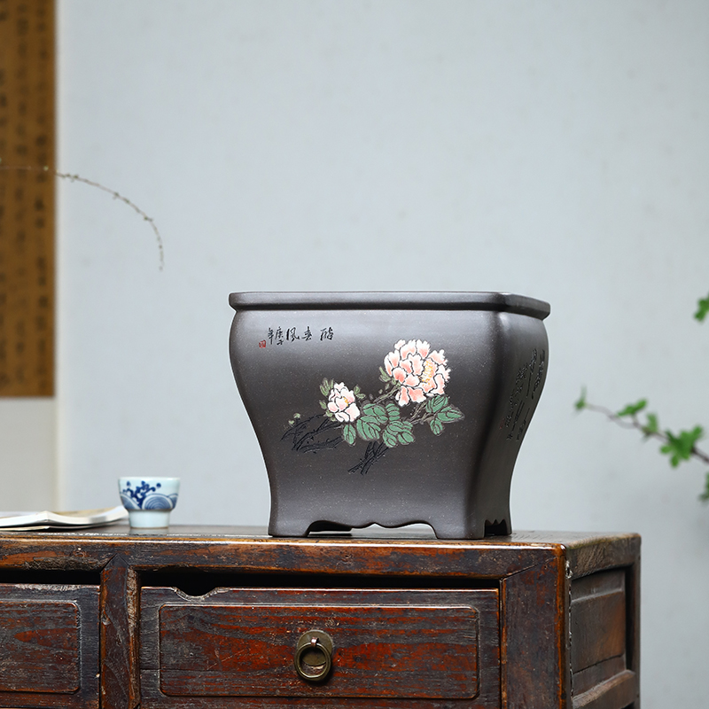 玖紫轩精品紫砂花盆宜兴李超新品大号君子兰崖柏悬崖中国风桌面盆