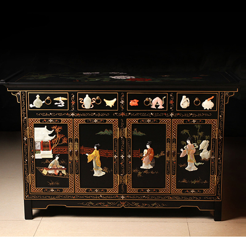 扬州漆器厂新中式新古典家具骨石四门四抽手工工艺门厅玄关柜酒柜