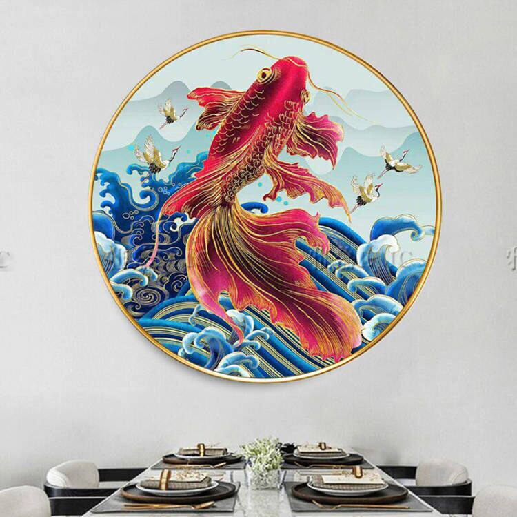 新款印布正品dmc棉线十字绣套件满绣圆形客厅餐厅玄关鲤鱼跃龙门