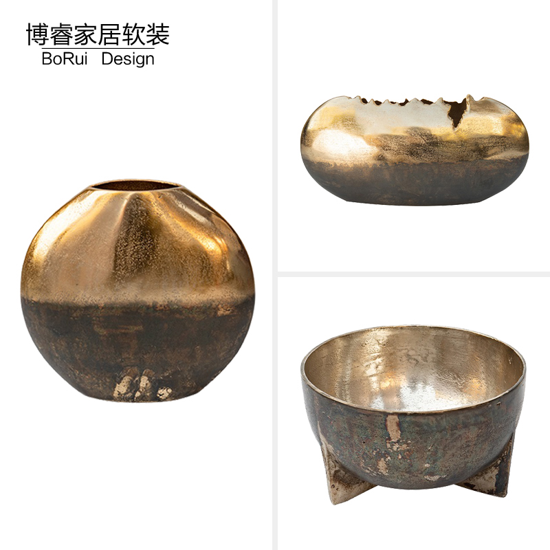 美式风格家居软装饰品做旧金色花瓶银色花器高端档奢华摆件干花插