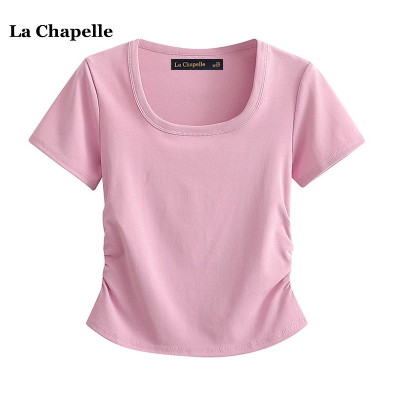 拉夏贝尔/La Chapelle夏季新款两侧抽褶皱收腰修身方领短袖T恤女