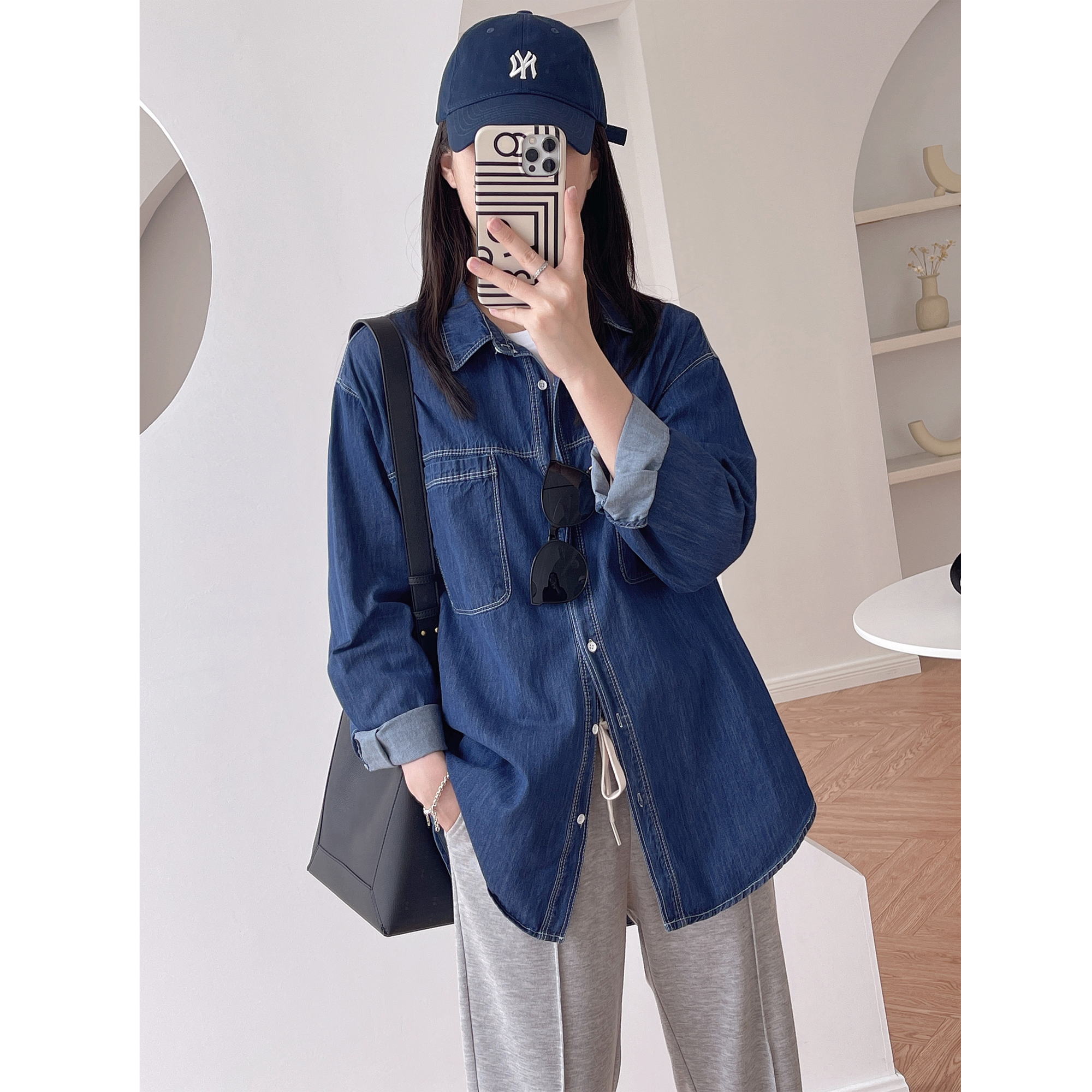 秋装复古深蓝色明线工装双口袋牛仔衬衫polo翻领长袖宽松上衣外套