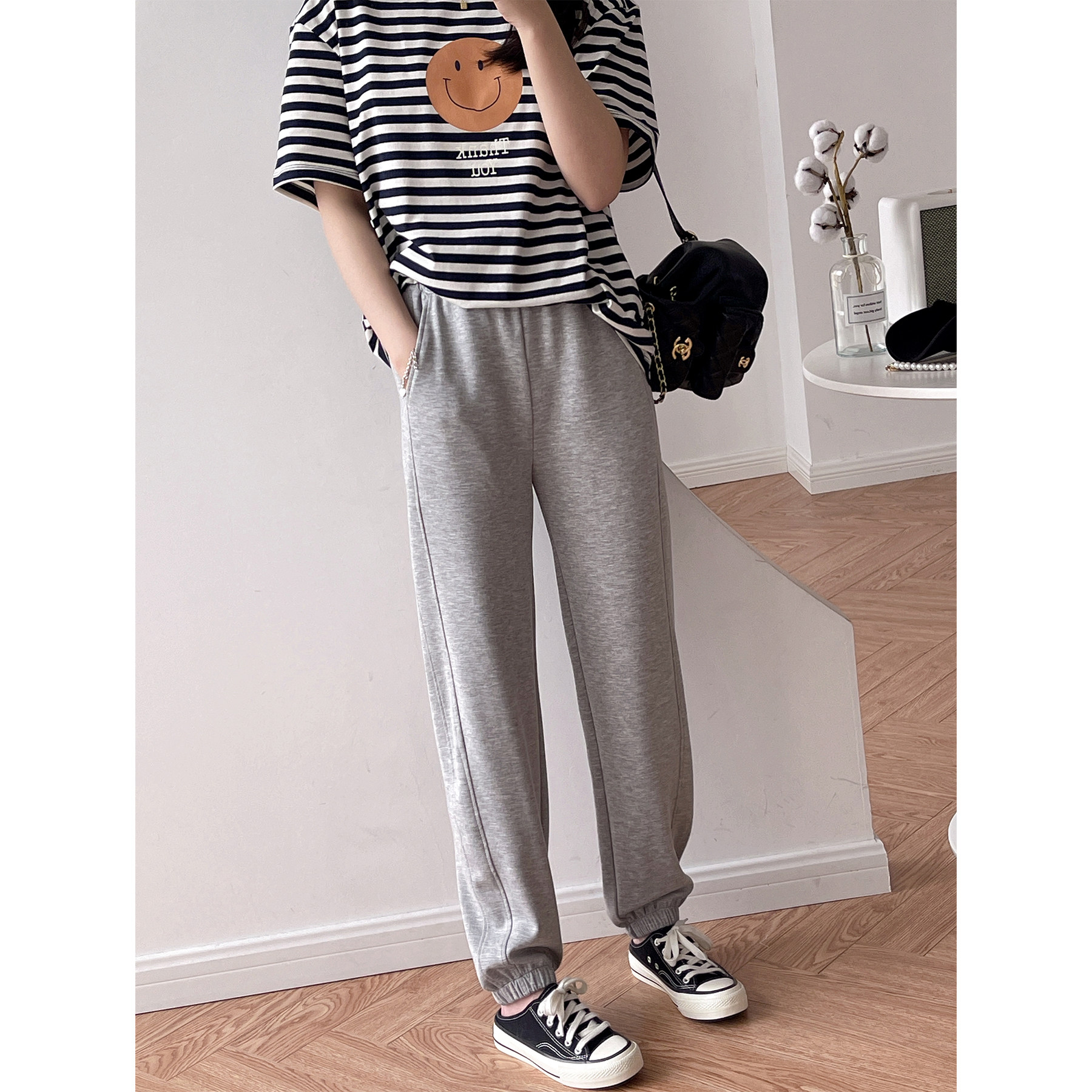 夏季薄款百搭空气棉灰色运动卫裤柔软松紧腰宽松休闲束脚哈伦裤女