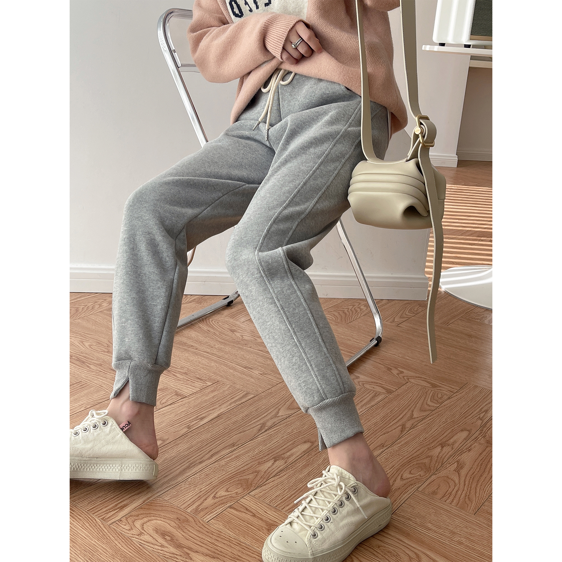 卫裤女加绒收口松紧腰