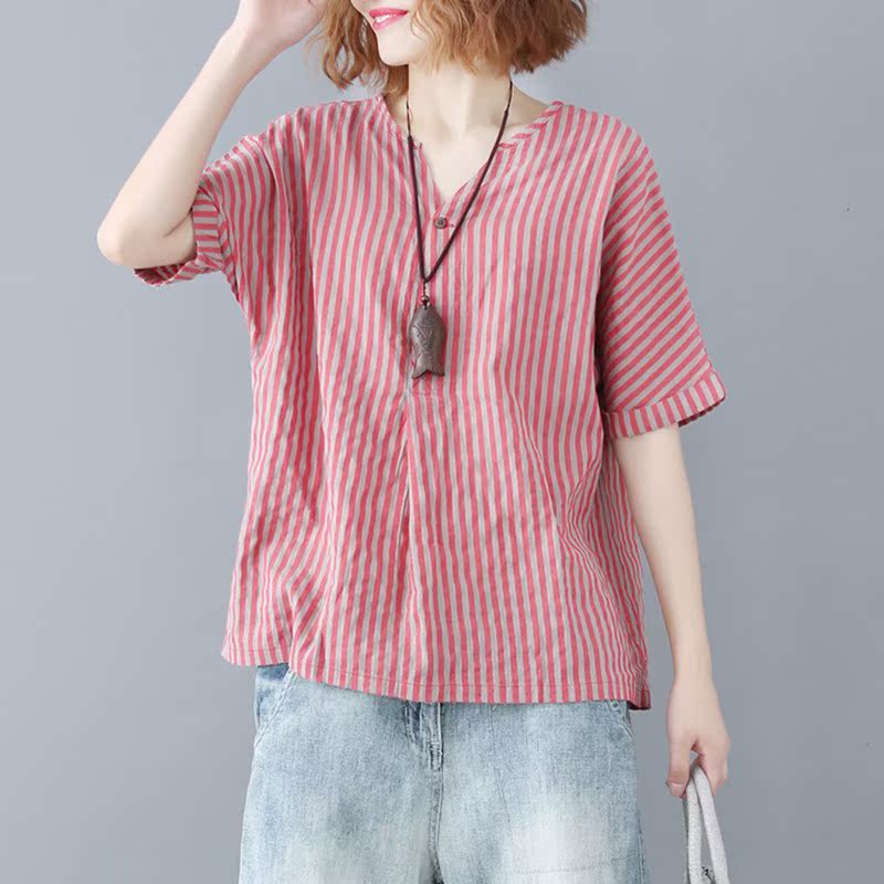 胖妹妹200斤女装大码棉麻条纹短袖衬衣减龄百搭V领打底衫上衣夏季|msdalam kategori Butik wanita / wanita, wanita saiz besar - dari Buy2taobao.com untuk memberikan perkhidmatan ejen Taobao profesional membeli