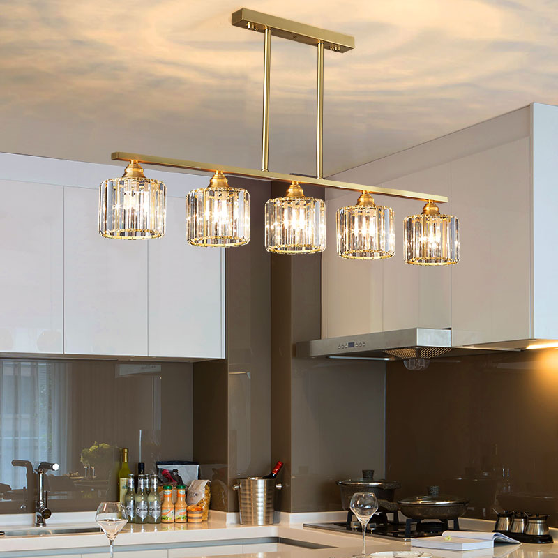 美式餐厅吊灯三头轻奢吧台全铜现代简约饭厅水晶灯长条创意厨房灯