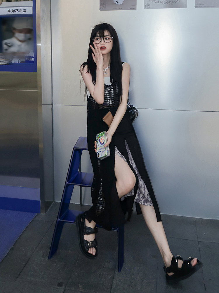 韩国东大门小众设计感度假风针织开叉叠穿背心裙黑色镂空连衣裙女