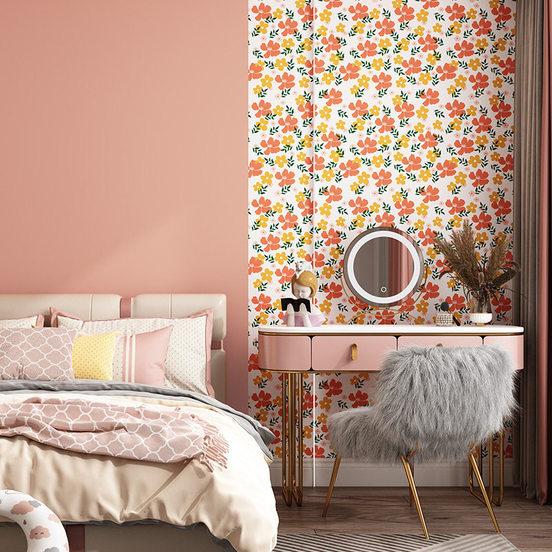 田园碎花自粘壁纸粉色女孩背景墙贴卧室温馨儿童房小清新墙纸宿舍