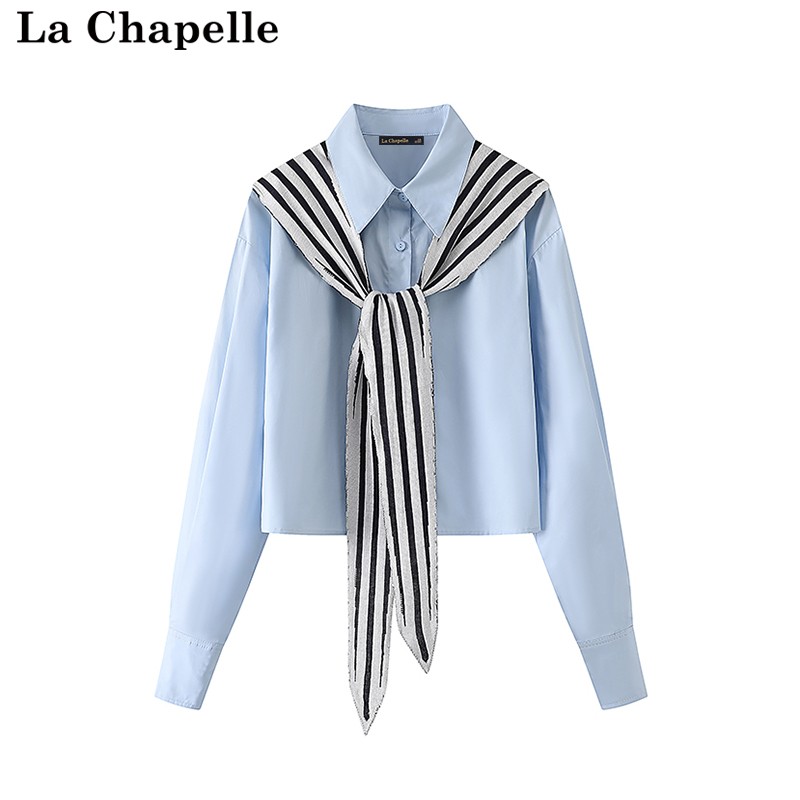 拉夏贝尔/La Chapelle春季2024款女装时尚学院海军风条纹披肩衬衫