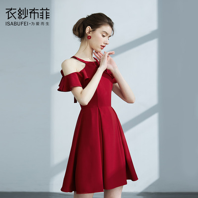 丹舞露肩一字肩红色派对小礼服裙女雪纺连衣裙收腰荷叶
