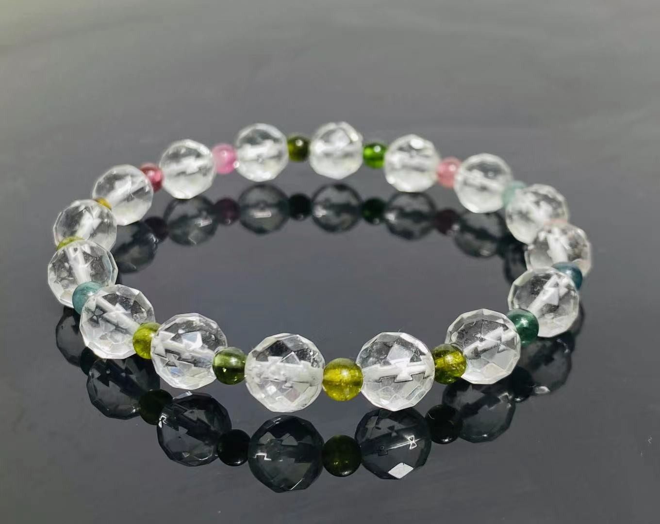 香港伯曼钻石切面白水晶水晶碧玺手串8mm手链