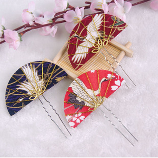 手工樱花日系和风仙鹤扇形小u型发钗日式和服浴衣发饰女配饰发簪