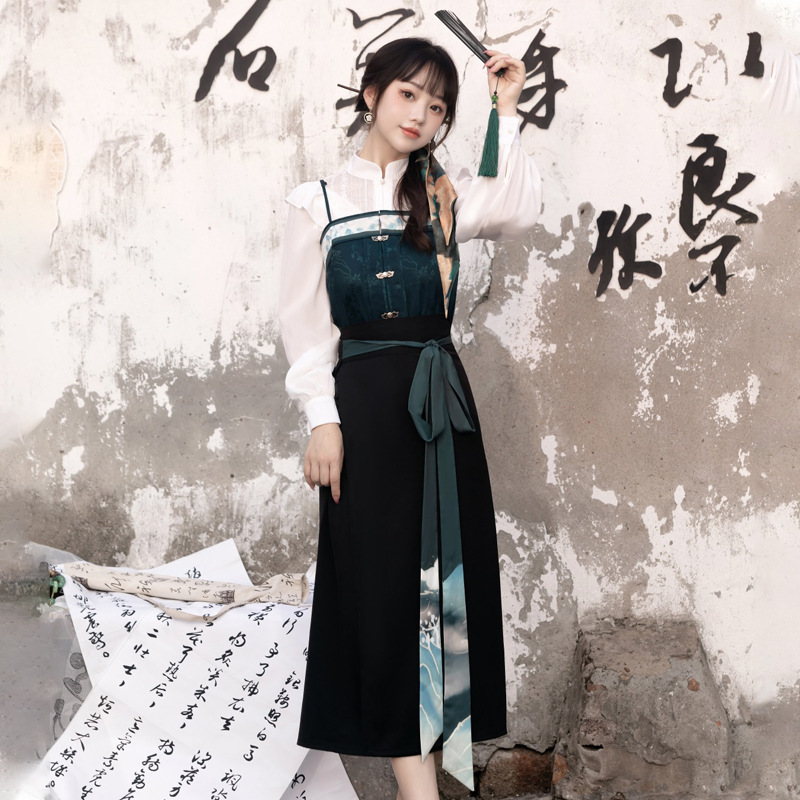 YONA原创设计一抹青绿中国风复古日常汉服女主腰衬衣旋裙三件套