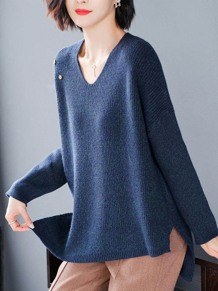 加肥加大码女秋冬装200斤胖mm显瘦鸡心领毛衣女宽松v领针织打底衫