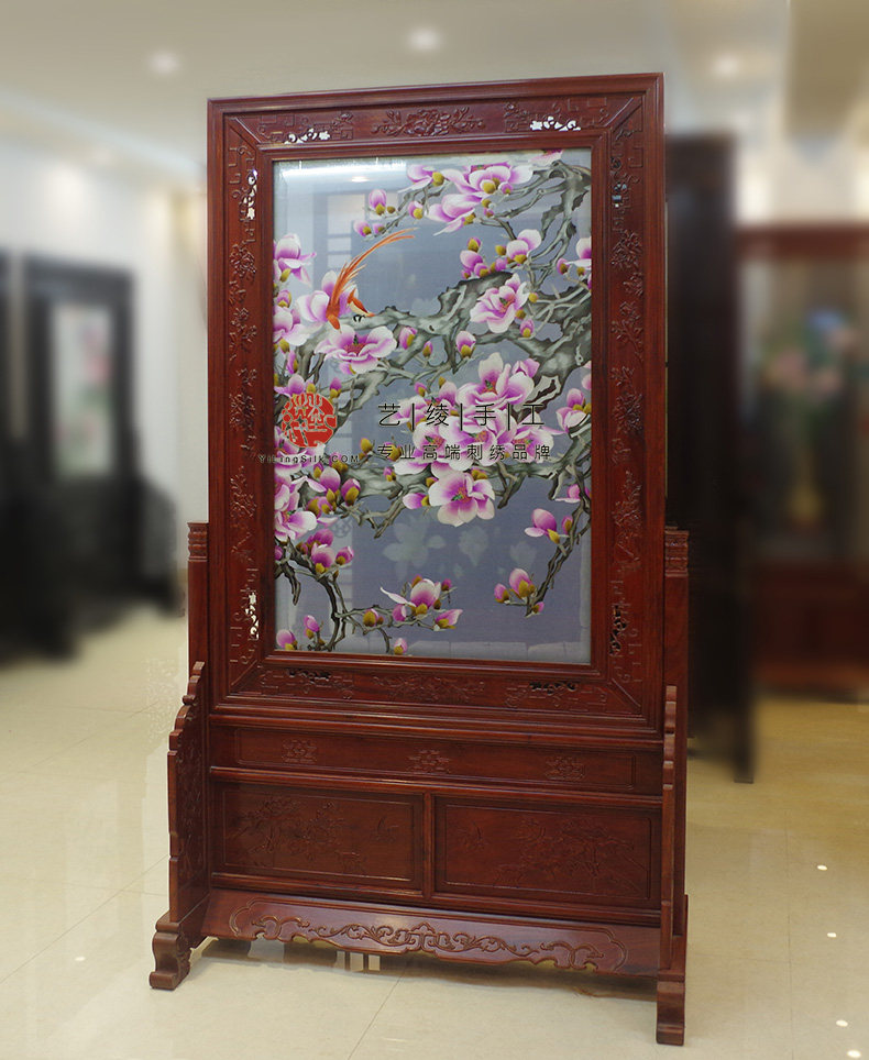 艺绫手工刺绣精品双面绣苏绣成品大型落地屏风客厅中式隔断玉兰图