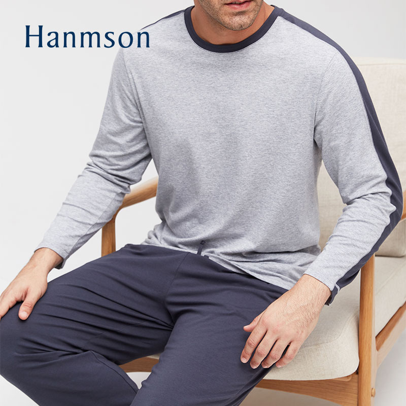 Hanmson/瀚明欣睡衣男莫代尔长袖薄款春秋宽松大码中年家居服套装