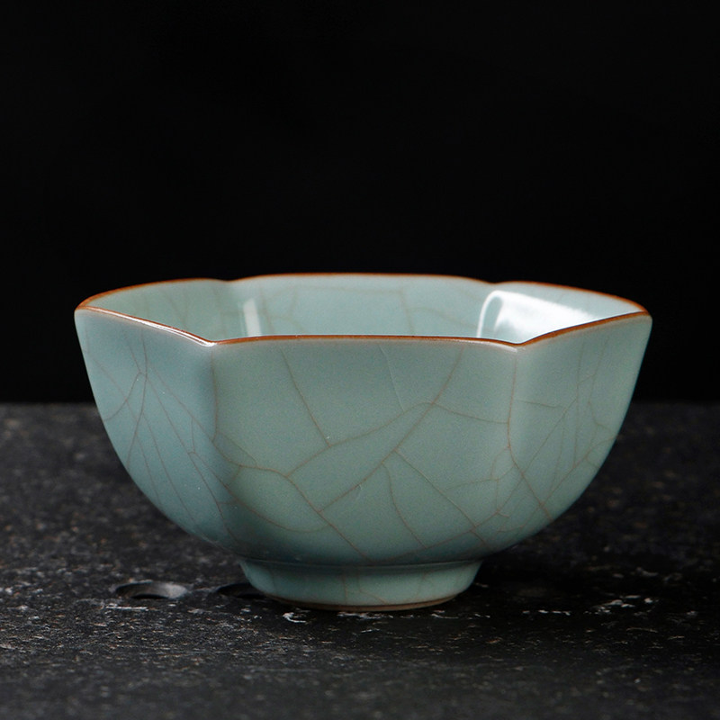 茶养开片厚湖天青汝窑六角杯 家用陶瓷功夫茶具茶杯 个性品茗单杯