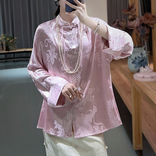 新中式女装唐装改良旗袍上衣2024中长款国风提花盘扣气质年轻衬衫