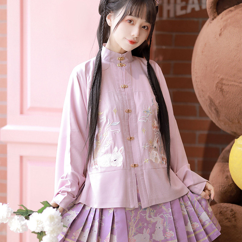 长乐亭原创汉服女【月桂兔】明制对襟立领补服百迭裙春夏短款日常