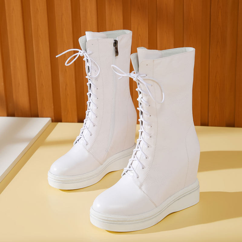 秋冬白色真皮10cm英伦风内增高短靴女坡跟高跟单靴百搭中筒马丁靴