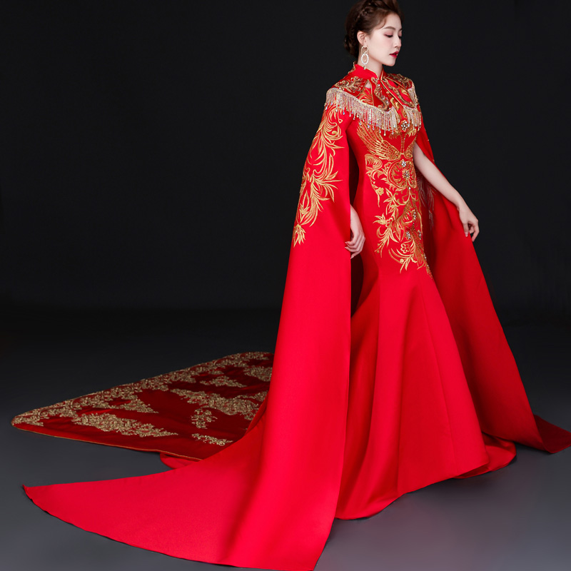 国潮风高端大气女神范晚礼服拖尾长款鱼尾修身舞台走秀演出服重工