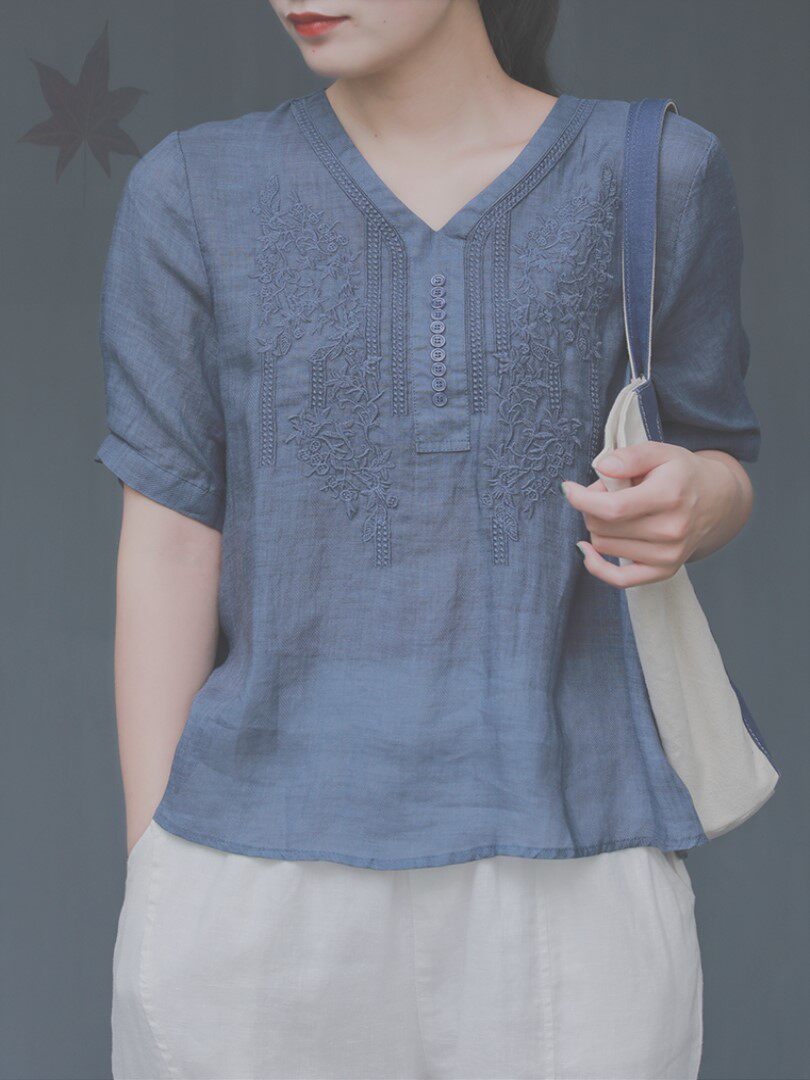 单裳念大码苎麻上衣文艺女装v领刺绣衬衫t恤女宽松套头小衫
