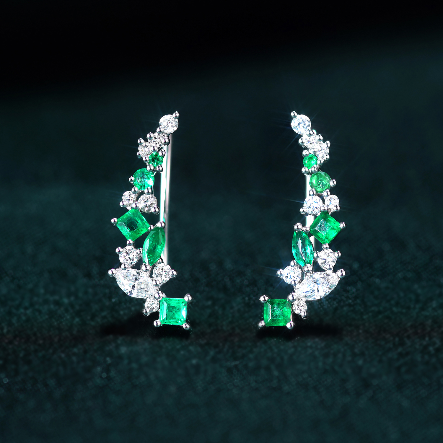 宝石矿工 18k白金天然祖母绿钻石耳勾 优雅耳钉真钻耳环耳饰女款