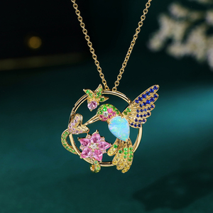宝石矿工 18k黄金蜂鸟项链 彩色蓝宝沙弗莱欧泊钻石吊坠锁骨链女