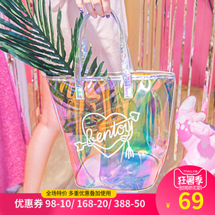 原宿风透明女单肩包手提环保购物袋沙滩包游泳