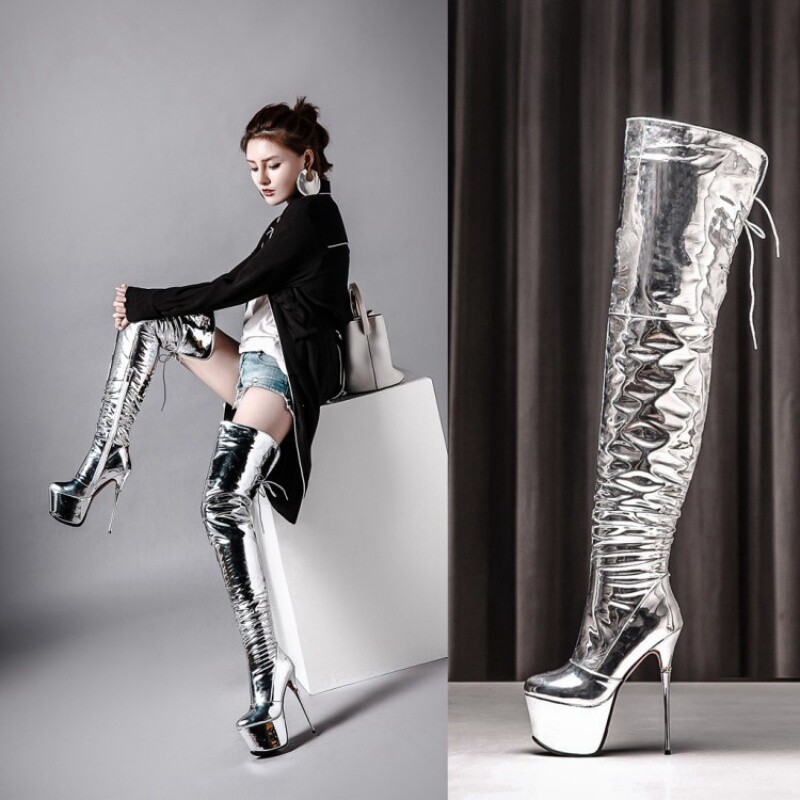 好格莱旗舰店的优惠券大全—银色靴子女防水台细跟高跟过膝长靴表演亮