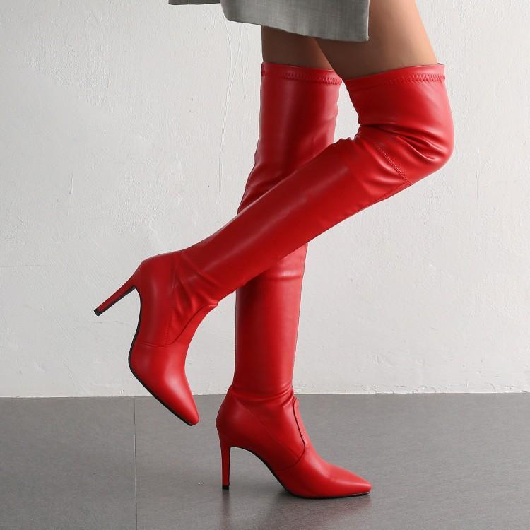券大全—灰色杏色红色靴子女尖头鞋细跟高跟弹力瘦靴过膝长靴大码女靴