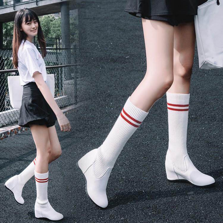 一折白色内增高弹力女靴_学院学生鞋毛线女鞋弹力靴白色靴子内增高