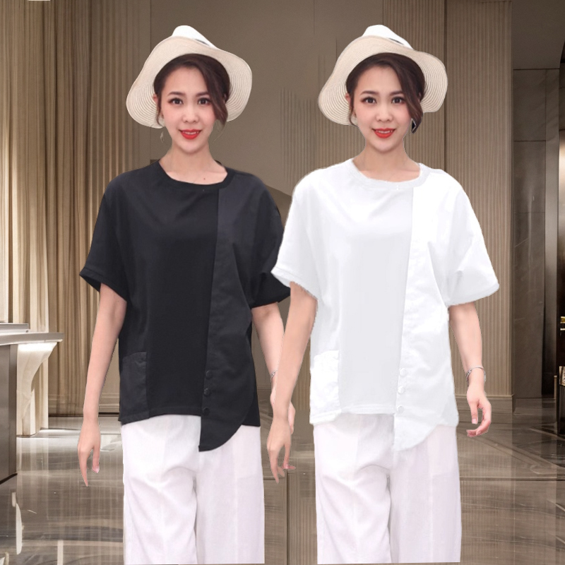2024年夏季韩版纯棉恤女宽松不对称棉麻针织拼接圆领设计感短袖